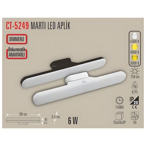 Cata 6W 3 Işık Renkli Mıknatıslı Şarjlı Martı Led Aplik Siyah Kasa CT-5249